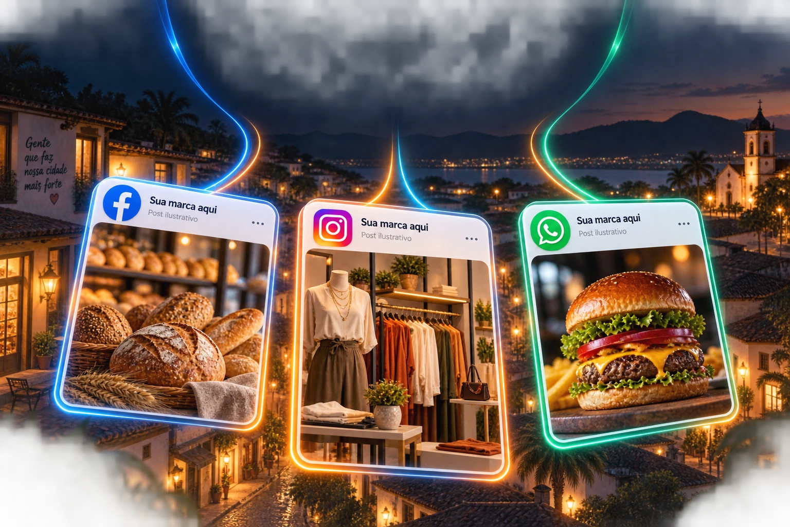Postagens ilustrativas de uma padaria no Facebook, moda no Instagram e alimentação no WhatsApp, conectadas sobre uma cidade.